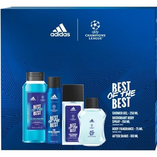 Adidas uefa best of the best - tonico dopobarba 100 ml + gel doccia 75 ml + deodorante spray 250 ml + deodorante con nebulizzatore 150 ml