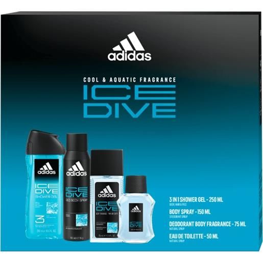 Adidas ice dive - edt 50 ml + gel doccia 250 ml + deodorante spray 150 ml + deodorante con nebulizzatore 75 ml