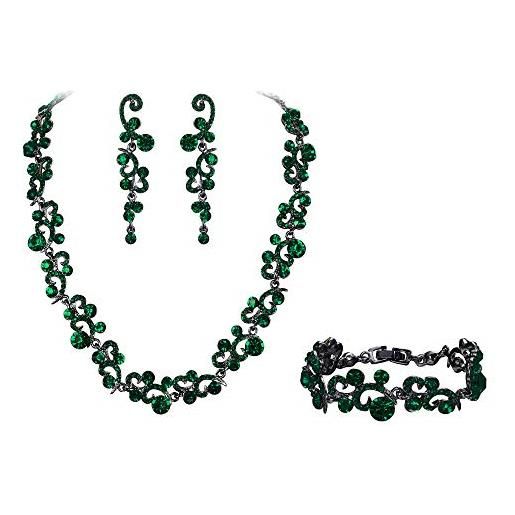 EVER FAITH set gioielli donna, austriaco cristallo matrimonio fiore onda collana orecchini braccialetto set verde nero-fondo