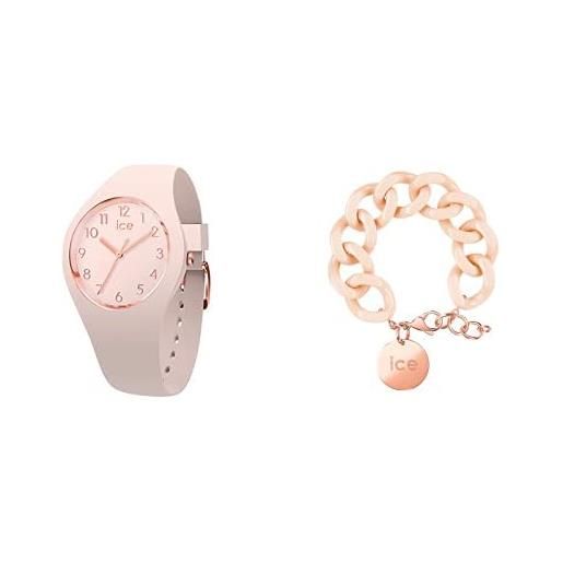 ICE-WATCH glam colour nude orologio rosa da donna con cinturino in silicone, 015330 (small) +chain bracelet - nude - rose-gold - bracciale in maglia rosa xl da donna con medaglia d'oro rosa (020925)