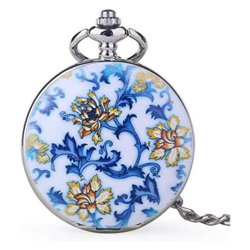 Tiong orologi da tasca meccanici con numeri romani e fiori in porcellana bianca e blu dal design unico, mpw159-uk