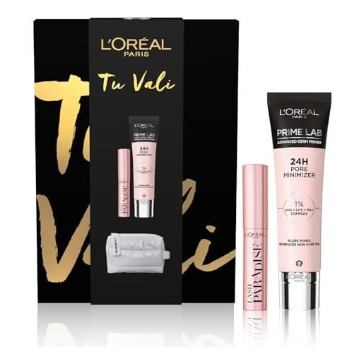 L'Oréal Paris, pochette regalo con primer minimizzatore di pori e mini-mascara volumizzante, per un make-up duraturo, con esclusivo beauty case piumino
