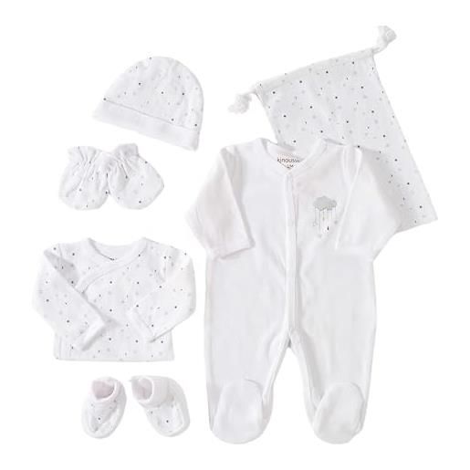Kinousses kit nascita 6 pezzi - 0 mesi - motivo nuvola - (pigiama, body, cappello, guanti, pantofole e borsa) - regalo misto per bambini e bambine