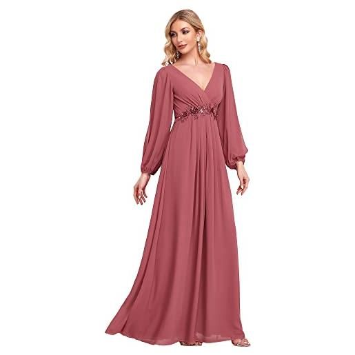 Ever-Pretty vestito da cerimonia elegante linea ad a scollo a v appliques plissettato donna taglie forti abiti da sera rosso purpureo 44