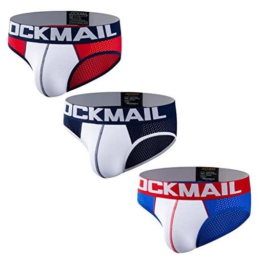 JOCKMAIL 3 pz/pacchetti degli uomini slip della biancheria intima della maglia degli uomini confortevoli slip sexy slip mutande, blu+blu scuro+rosso, xl