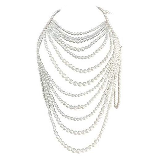 MEIBAOGE donne finte imitazioni perle perline catena corpo collare con bavaglino collana gioielli da donna, collana da donna-bianco