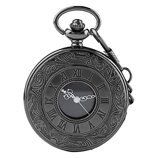 WRVCSS orologio da tasca al quarzo con numeri romani neri, ciondoli per collane da uomo, con catena, regali blackpocketchain