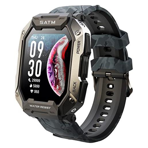 findtime smartwatch da uomo militare da 1.72 pollici, orologio fitness 5 atm ip69k, impermeabile, 24 modalità sportive, orologio da polso per ios e android, nero mimetico