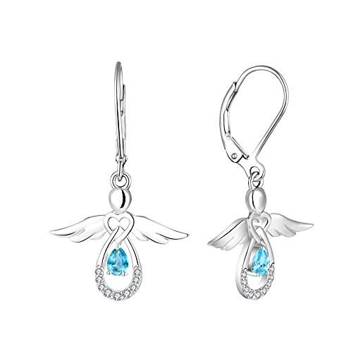 FJ orecchini donna angelo custode argento 925 orecchini marzo pietra portafortuna acquamarina gioielli regalo per donna