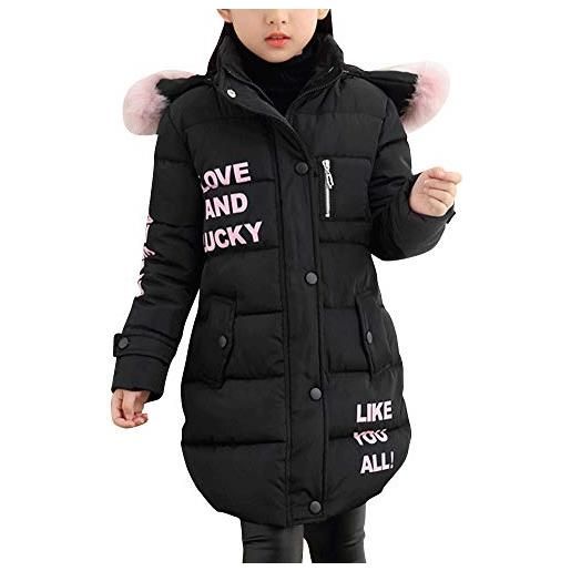 AnyuA ragazze manica lunga giubbotto inverno cerniera cappotto addensare giacca con pelliccia sintetica cappuccio nero 120