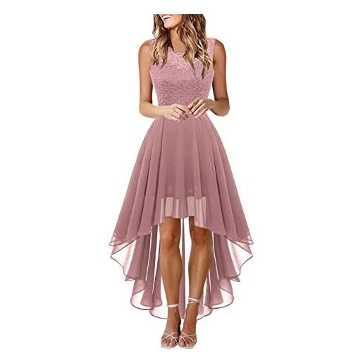 JokeLomple abito da donna in pizzo con fiocco cintura elegante abito a lunghezza irregolare abito in chiffon senza maniche abito da cocktail da damigella d'onore abito da corto davanti e lungo dietro