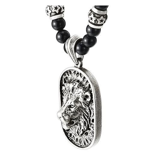 COOLSTEELANDBEYOND stile gotico uomo collana di perle onice nero con vecchio colore argento acciaio testa di leone scudo pendente