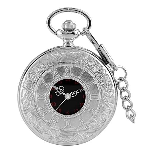 WRVCSS orologio da tasca al quarzo con numeri romani neri orologio da donna con ciondoli per collane da uomo con catena regali silverpocketchain