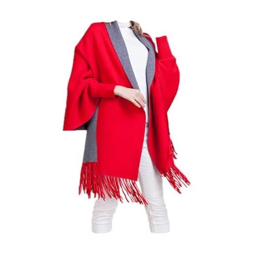 MyBeautyworld24 poncho di kaschmir per donna maglione golfino giacca di maglia per inverno pullover taglia unica poncho con maniche di colore rosso/grigio marchio MyBeautyworld24