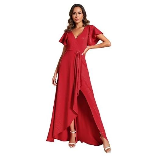 Ever-Pretty vestito da sera donna elegante stile impero scollo a v maniche corte lungo abito da sera rosso 44