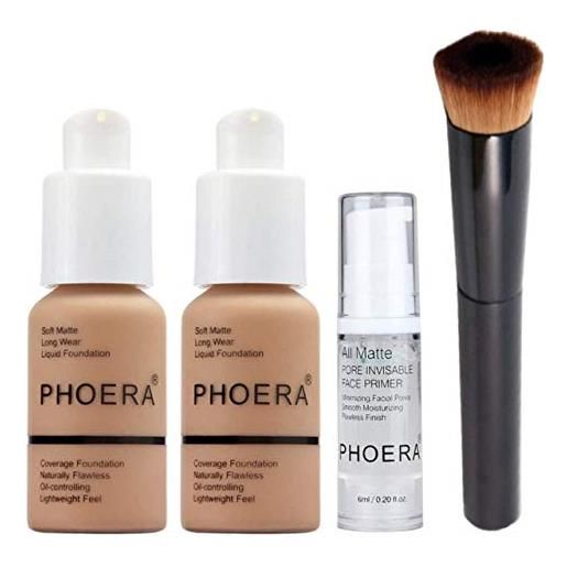 Glamza phoera - set da trucco a copertura completa, include 2 fondotinta opaco da 30 ml, primer viso da 6 ml e pennello liquido per una facile applicazione. 