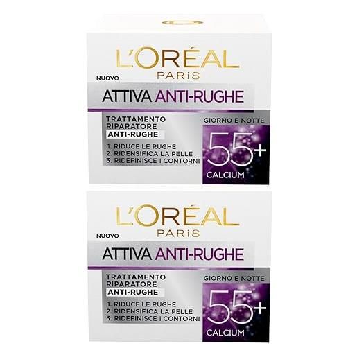 L'Oréal Paris attiva anti-rughe trattamento riparatore viso giorno e notte con calcio per pelli mature - 2 barattoli da 50ml