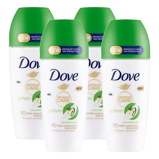 Dove deodorante go fresh roll-on cetriolo e tè verde 48h 0% alcol antitraspirante idratante profumo fresco - 4 flaconi da 50ml