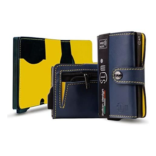 SLim porta carte di credito schermato portafoglio uomo rfid portatessere anticlonazione donna portacarte uomo (blu e giallo, con zip)