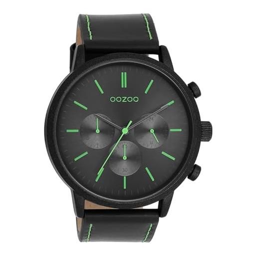 Oozoo timepieces c11200 - orologio da uomo con cinturino in pelle, elegante orologio analogico da uomo, black black / fluo green, cinghia