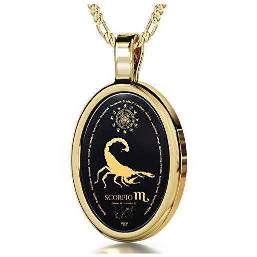 Nano Jewellery - ciondolo con segno zodiacale dello scorpione in pietra di onice con iscrizioni in oro a 24 k, placcato oro, cod. 311-100_on_g_ov_scorpio_bk