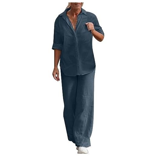 Yeooa set di pantaloni da donna camicia lunga a sette maniche con pantaloni a gamba larga set di pantaloni autunnali elegante completo di pantaloni da lavoro (blu, xxl)