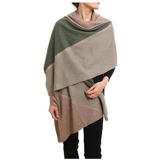 Prettystern donna 100% cashmere stola cachemire scialle poncho accogliente e caldo con contrasto di colore con fili d'oro scintillanti 4. Verde marrone