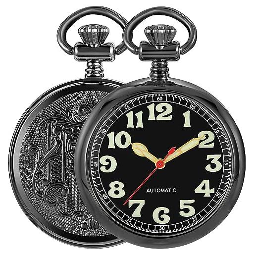 Tiong orologio da tasca meccanico da uomo in acciaio inossidabile, quadrante luminoso, orologio da tasca meccanico, regalo per uomo con catena, 31-nero