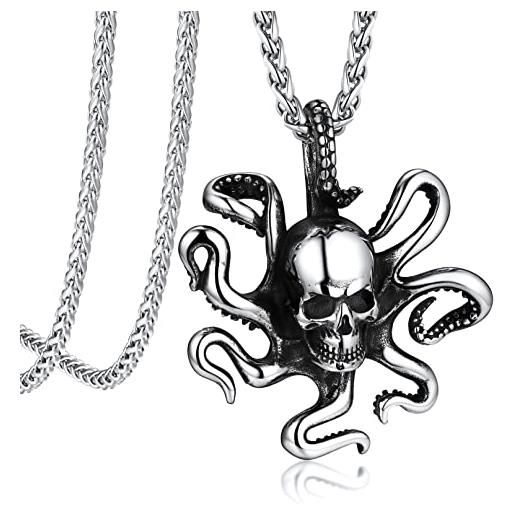 Bandmax collana polpo cranio uomo, collana uomo acciaio con teschio, argento ciondoli per collane uomo octopus, gotico gioielli alla moda