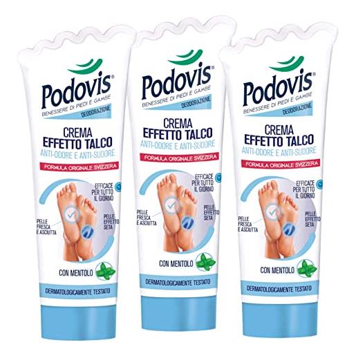 Podovis 3x Podovis crema effetto talco anti-odore e anti-sudore pelle fresca e asciutta con mentolo dermatologicamente testato - 3 flaconi da 100ml ognuno