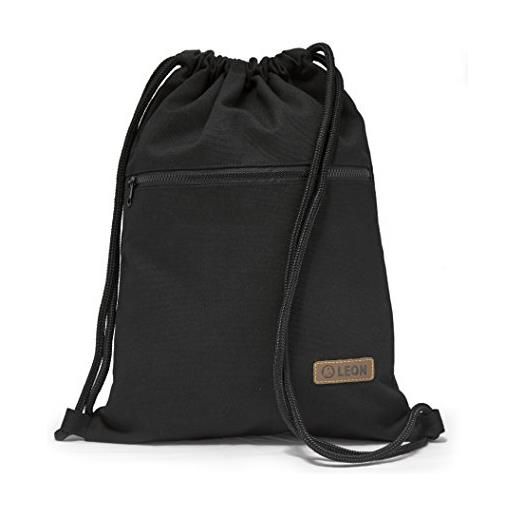 By Bers leon sacca da palestra, grande tasca esterna con cerniera, tasche interne, zaino da donna e da uomo, in pelle vegana, nero/bianco_zip, taglia unica, sacca da palestra
