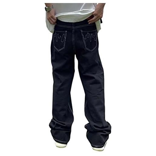 ORANDESIGNE jeans da uomo ricamati con lettera posteriore pantaloni larghi hip-hop a gamba larga pantaloni abbottonati per la strada alta j nero xxl