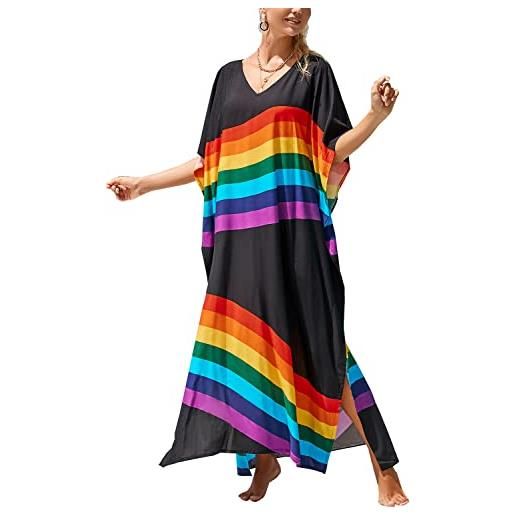 Youkd maxi abito con scollo a v caftano boho abiti da spiaggia coprenti abiti spaziosi per le donne, b arcobaleno nero, taglia unica