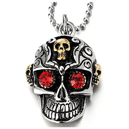 COOLSTEELANDBEYOND argento oro ciondolo zucchero cranio con rosso zirconi, collana pendente teschio da uomo, acciaio, palla catena 60cm