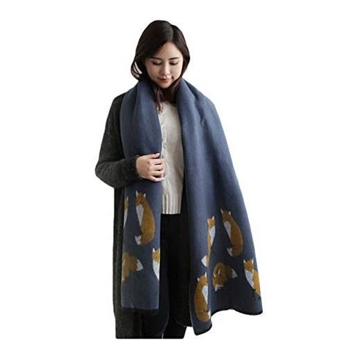 UK_Stone foulard da donna con motivo volpe, grande poncho con nappa, a# blu scuro, taglia unica