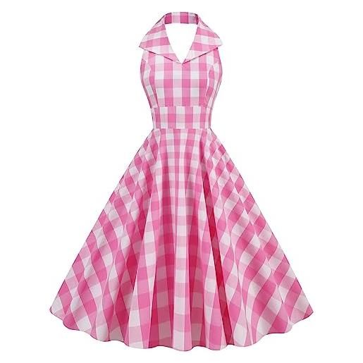 IMEKIS abito da donna anni '50, rockabilly, senza maniche, con allacciatura al collo, vintage, da cocktail, a quadri, stile retrò, stile swing, linea a, elegante per matrimoni, feste, balli, rosa senza