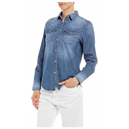 REPLAY camicia in jeans donna manica lunga in cotone, blu (medium blue 009), xl