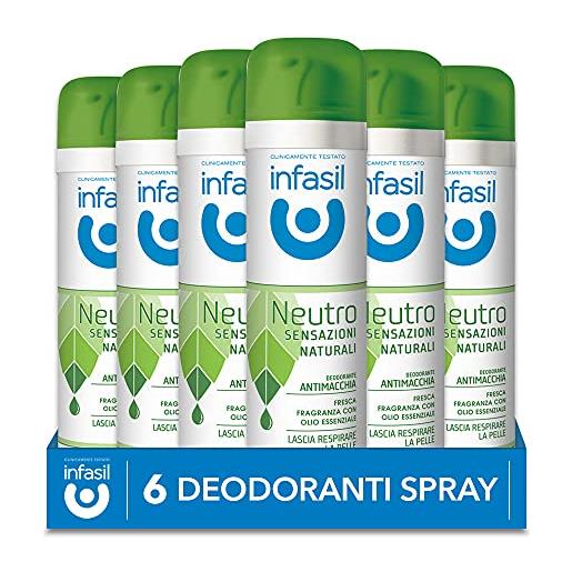 Infasil deodorante spray neutro sensazioni naturali fragranza con olio essenziale, antimacchia, senza sali di alluminio, 6 deodoranti da 150 ml