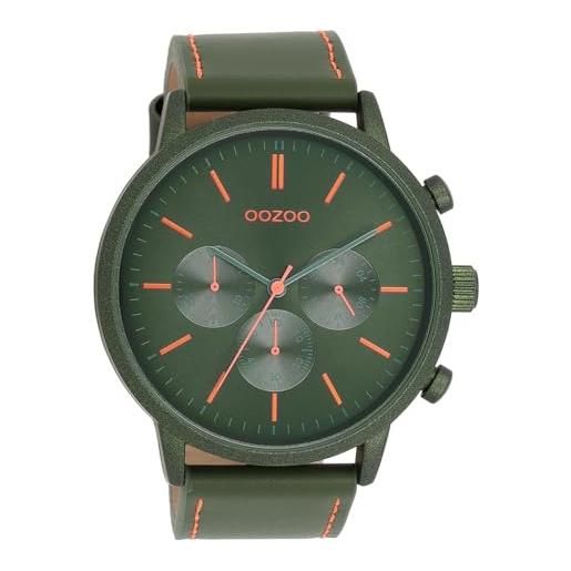Oozoo timepieces c11200 - orologio da uomo con cinturino in pelle, elegante orologio analogico da uomo, dark green dark green/fluo orange, cinghia