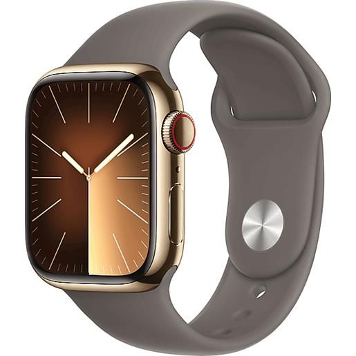 APPLE watch series 9 gps + cellular, cassa 41 mm in acciaio inossidabile color oro con cinturino sport grigio creta - m/l