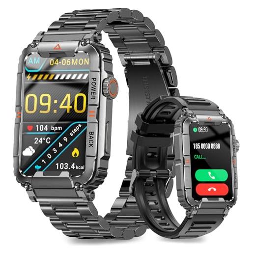 niolina smartwatch uomo con chiamata bluetooth, 1.57'' militari orologio smart watch con 100+ modalità sport impermeabil ip67 notifiche whatsapp, orologio fitness per ios android nero(2 cinturini)