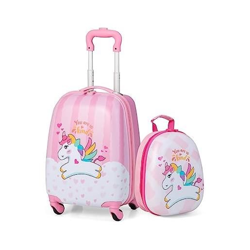 COSTWAY 2 pezzi valigia per bambini con maniglia retrattile + zaino bagaglio a mano, con ruote girevoli a 360 ° (unicorno(5))