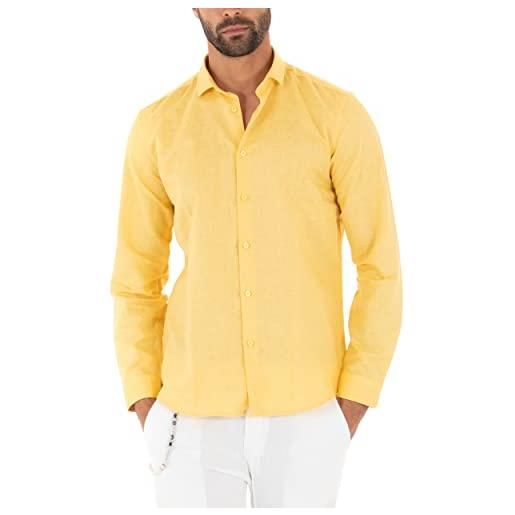 Giosal camicia uomo lino collo francese tinta unita colletto sartoriale artigianale (m, giallo)