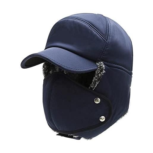 Varipos unisex antivento e caldo e protezione per le orecchie e cappello di protezione per il viso, cappello bomber 3 in 1 con paraorecchie integrale (blu scuro)