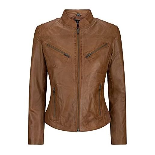 Infinity giacca corta da ragazza, donna chiodo in vera pelle stile biker slim fit nocciola 3xl