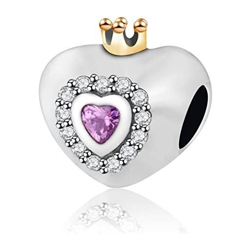 CRISNATA principessa cuore charms con corona, fit pandora san valentino bracciale, argento sterling 925 ti amo regal cuore cz perline, regalo di anniversario di nozze per figlia/moglie/migliore mamma/amante