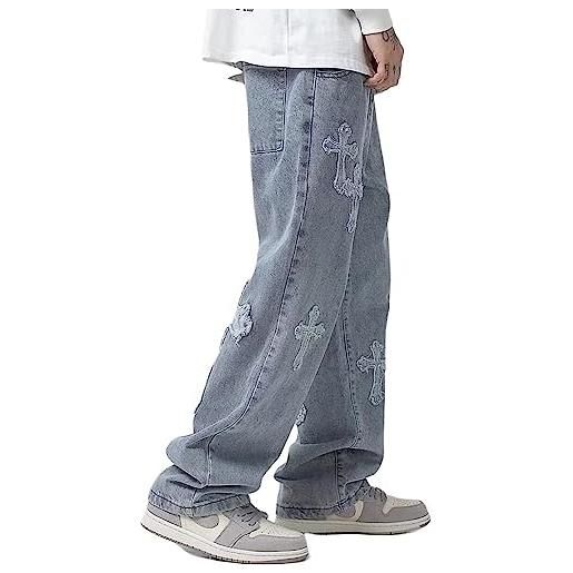 Yeooa jeans vintage hip hop casual da uomo larghi a gamba dritta tendenza y2k jeans spaccati moda streetwear (blu, l)