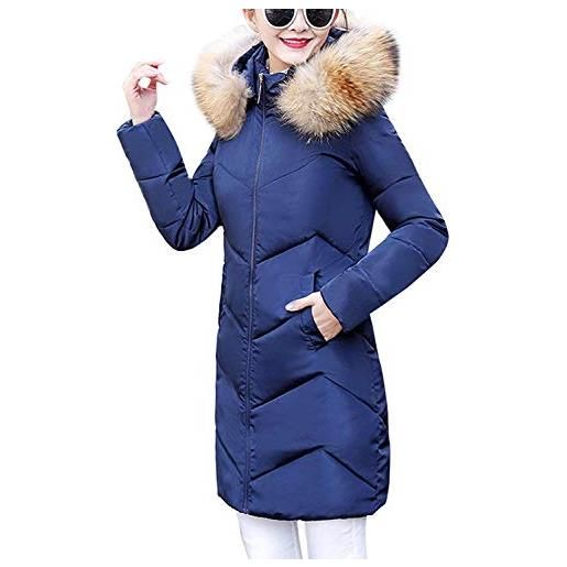 Lazutom - cappotto invernale da donna, caldo, trapuntato, con cappuccio in finta pelliccia rimovibile blu 38