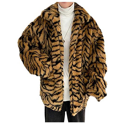 GUOCU cappotto di pelliccia sintetica vintage da uomo corto giacca faux fur invernale stampa leopardo eleganti peluche cardigan cappotti addensare caldo maniche lunghe giacche capispalla parka giallo l