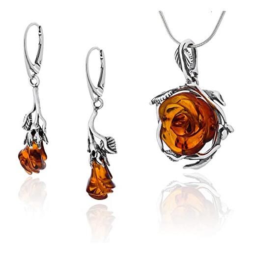 AMBEDORA set di gioielli in argento da donna ambra 060b rose d'ambra, ciondolo con catena e orecchini, ambra baltica, argento 925